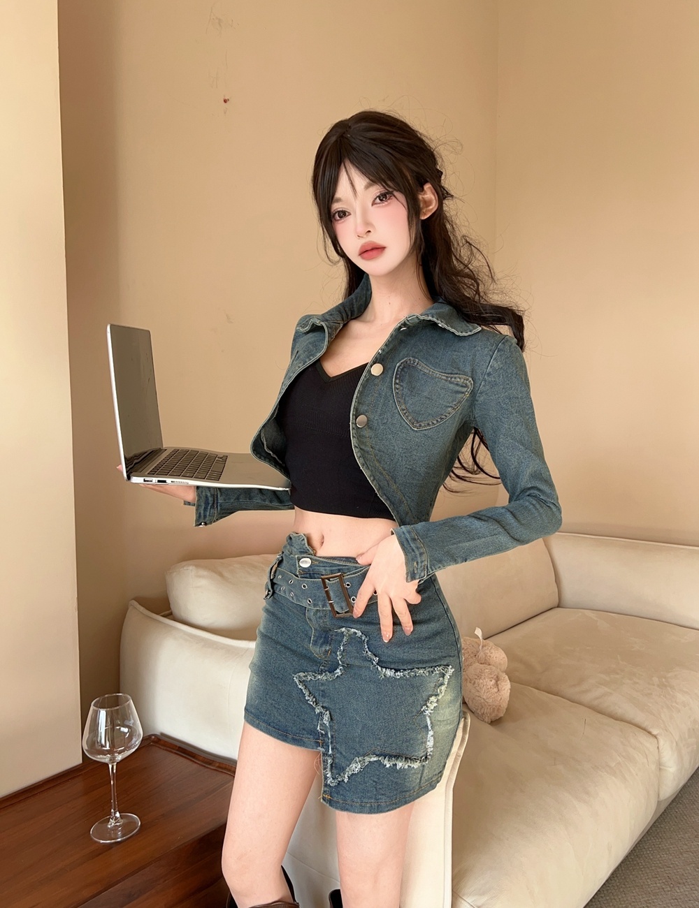 Denim American style coat spicegirl short skirt 2pcs set for women