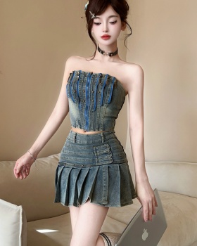 Zip denim tops rivets pleated skirt 2pcs set for women