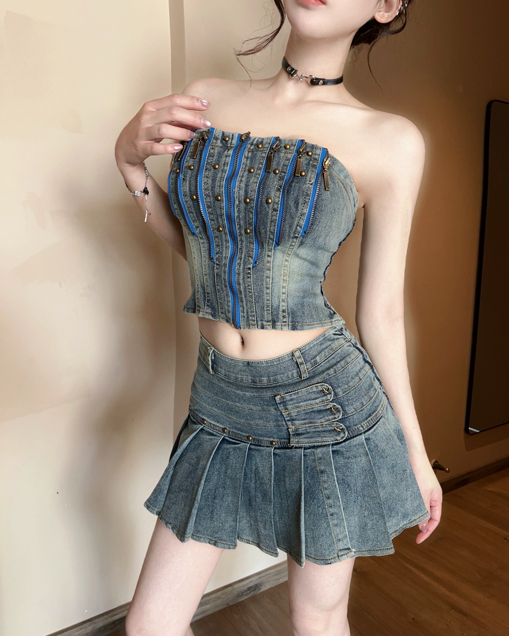 Zip denim tops rivets pleated skirt 2pcs set for women