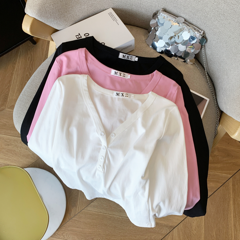 Short Western style T-shirt long sleeve pink tops