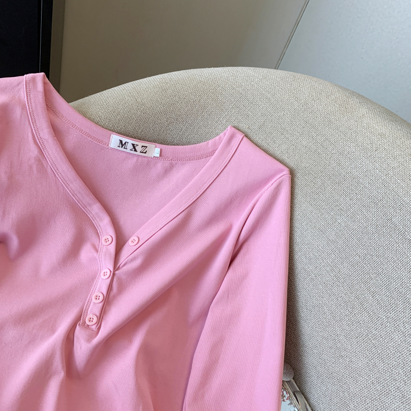 Short Western style T-shirt long sleeve pink tops