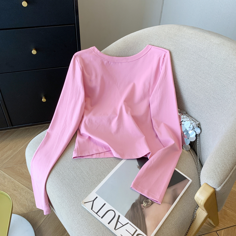 Short Western style T-shirt long sleeve pink tops