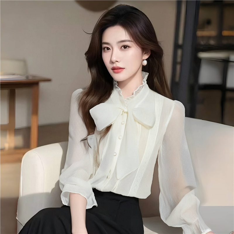 Chiffon bow tops long sleeve France style shirt for women