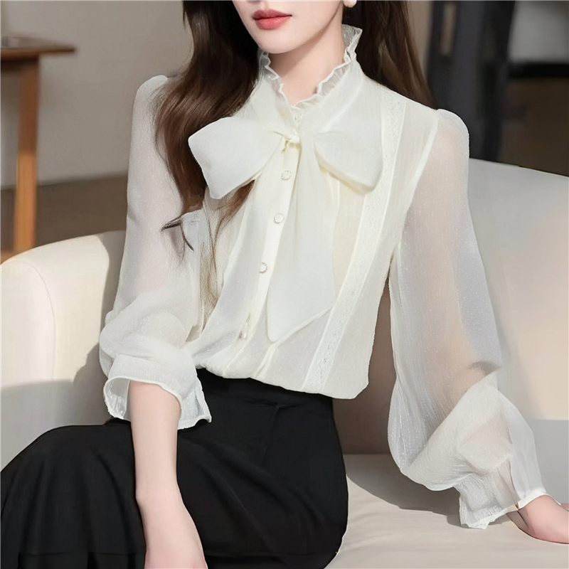 Chiffon bow tops long sleeve France style shirt for women