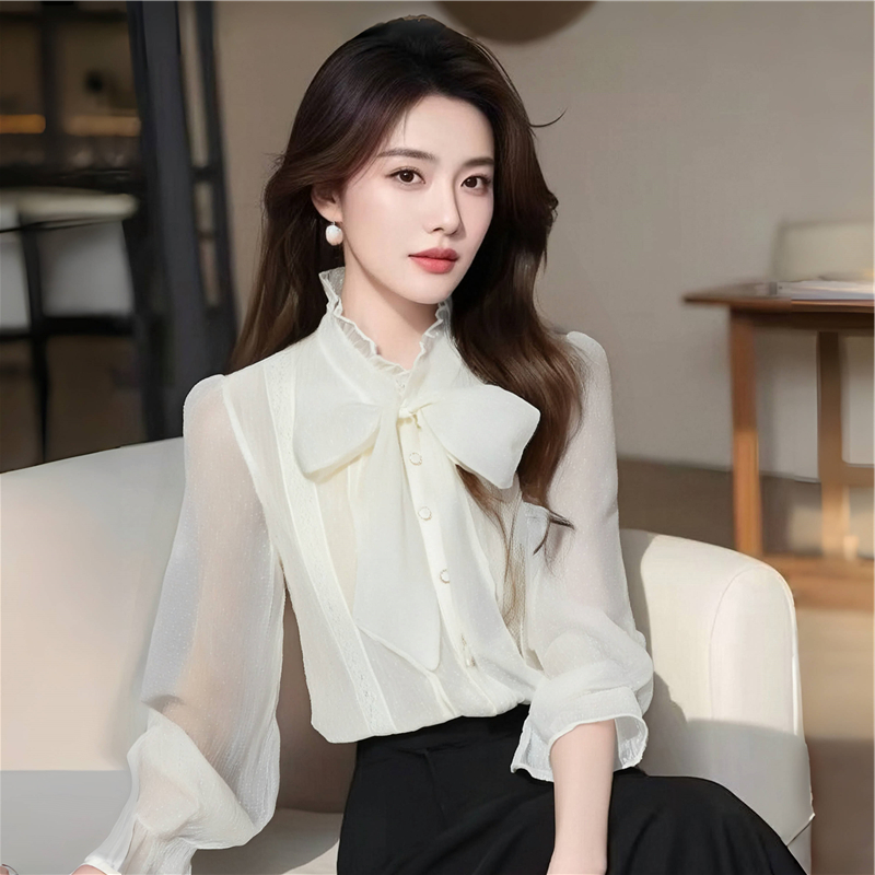 Chiffon bow tops long sleeve France style shirt for women