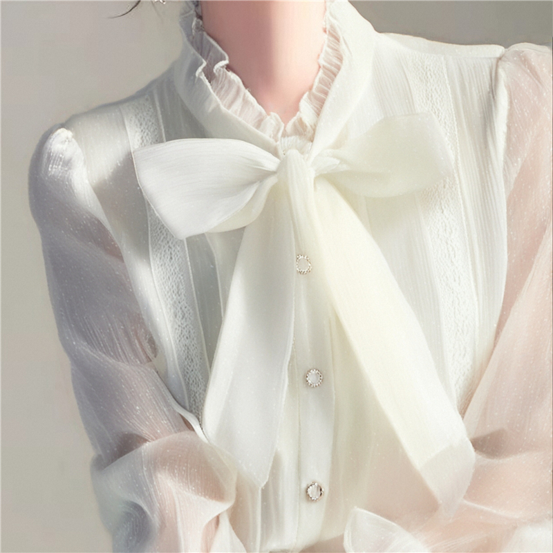 Chiffon bow tops long sleeve France style shirt for women