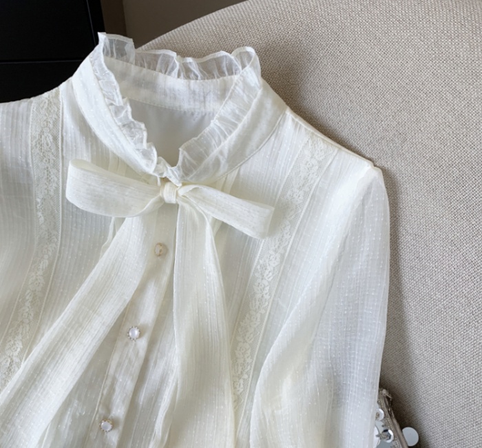 Chiffon bow tops long sleeve France style shirt for women