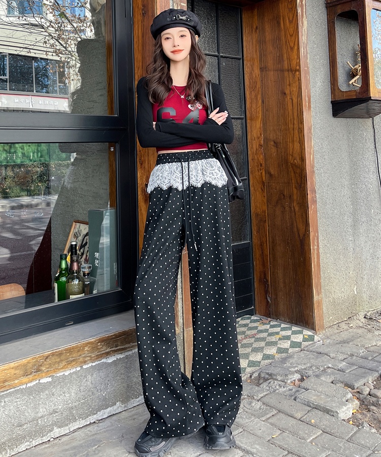 Polka dot Casual wide leg pants spring lace pants for women