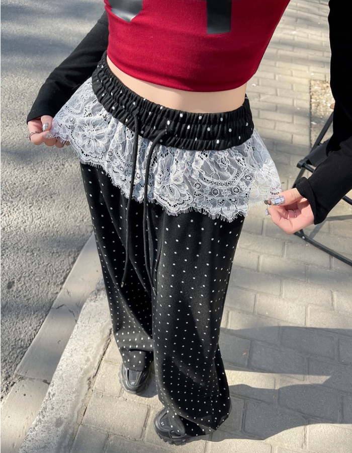 Polka dot Casual wide leg pants spring lace pants for women