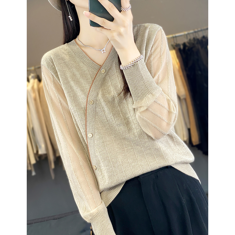 Chiffon splice V-neck tops for women