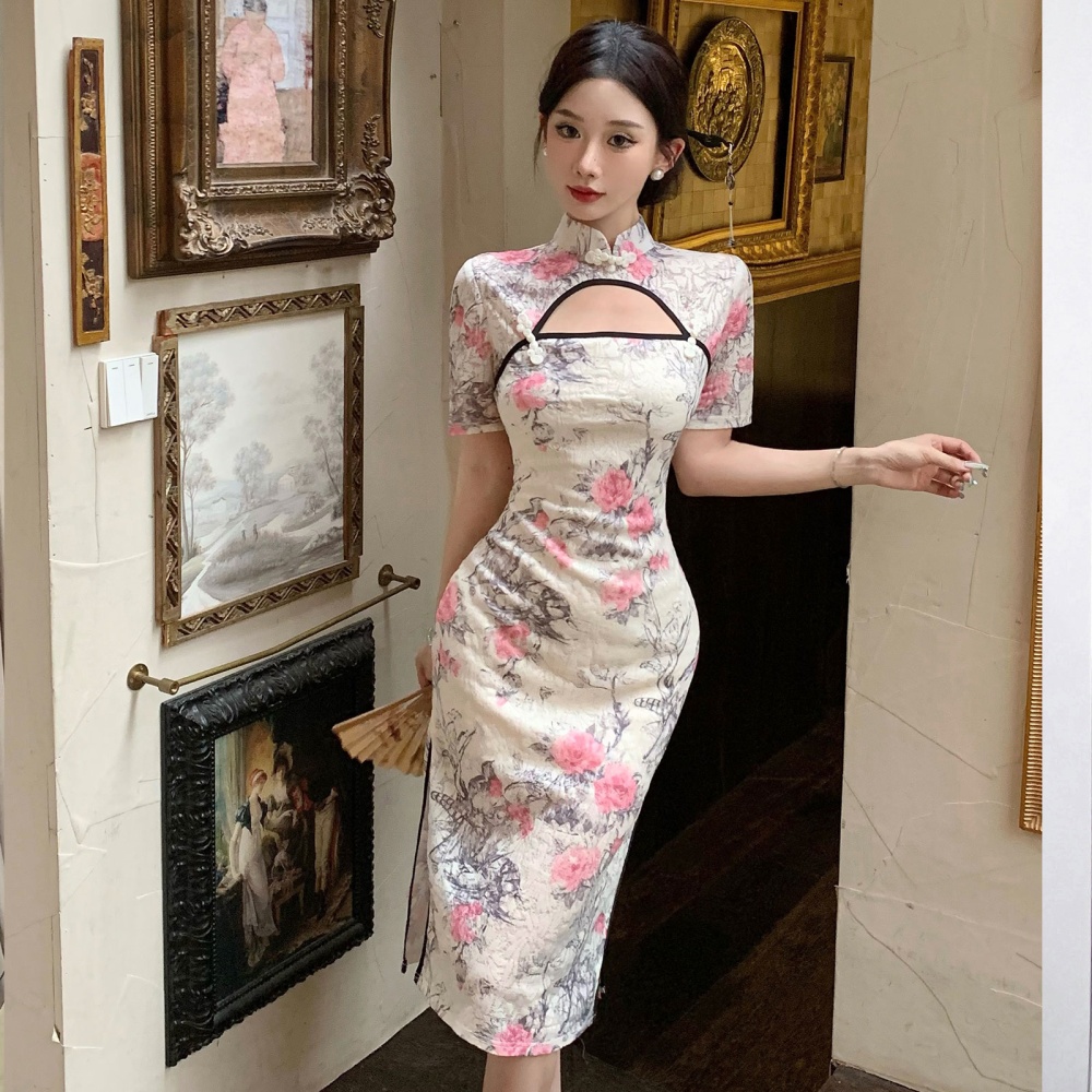 Temperament hollow long dress Chinese style split dress