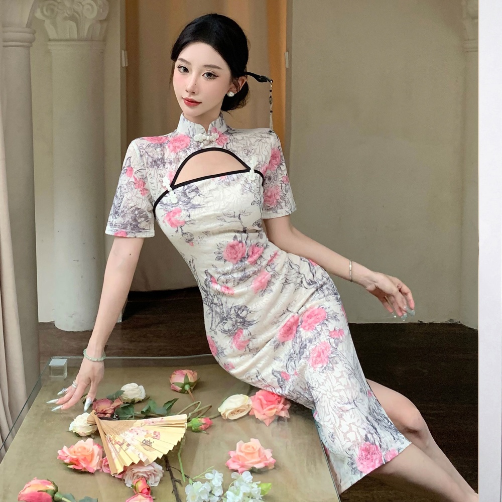 Temperament hollow long dress Chinese style split dress