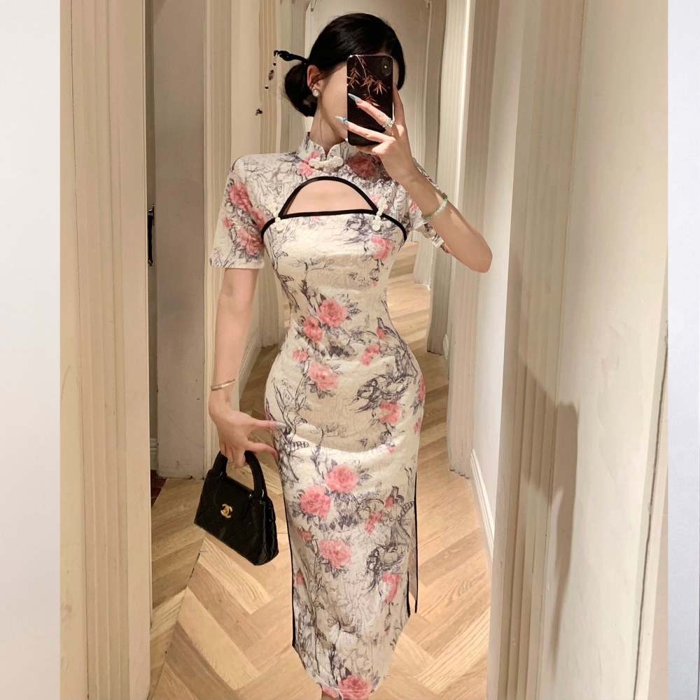 Temperament hollow long dress Chinese style split dress