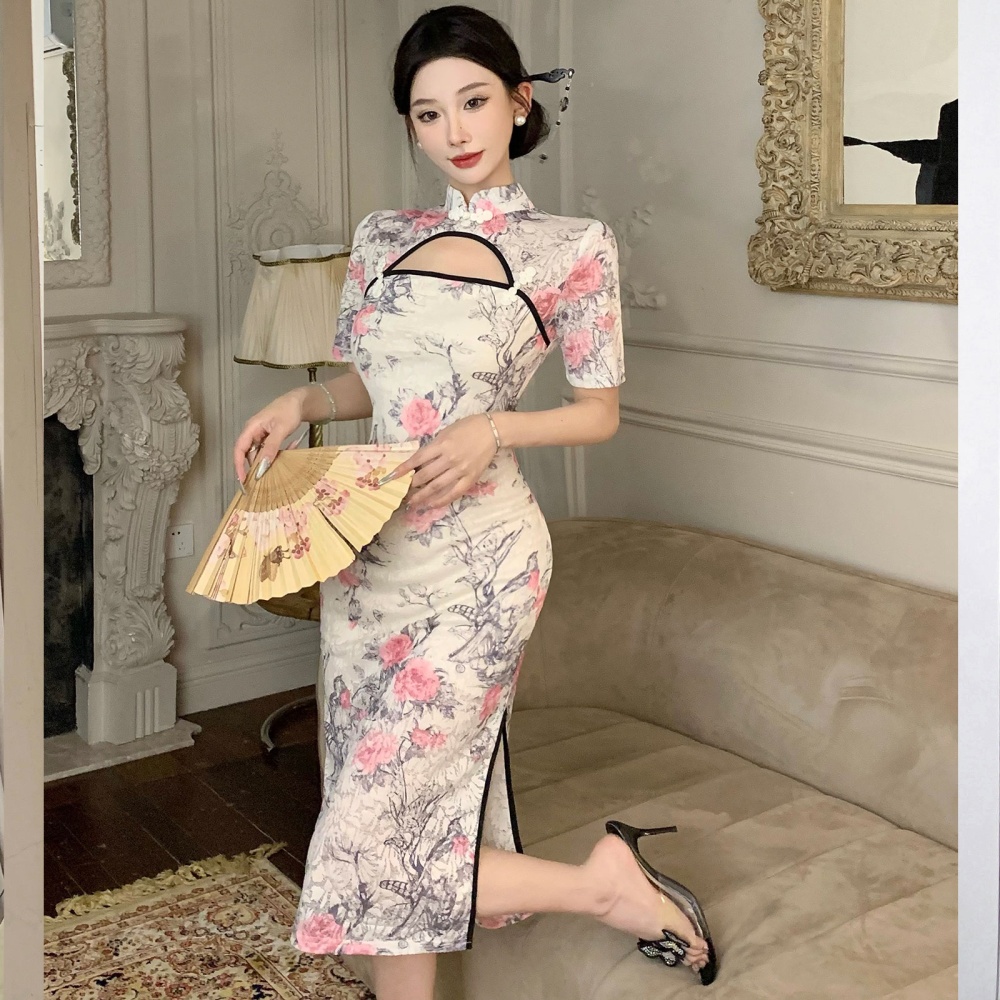 Temperament hollow long dress Chinese style split dress