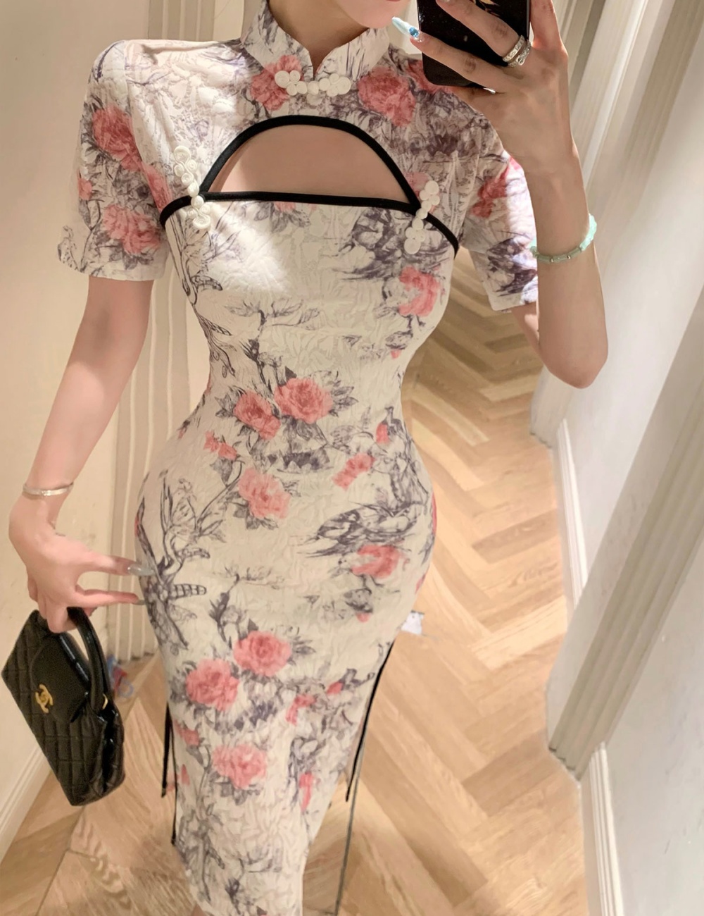 Temperament hollow long dress Chinese style split dress