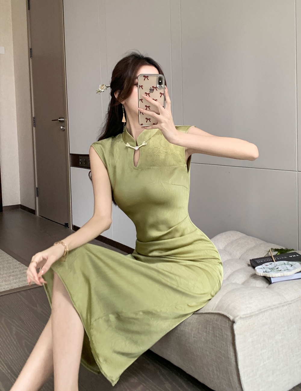 Pinched waist Chinese style dress hollow long dress