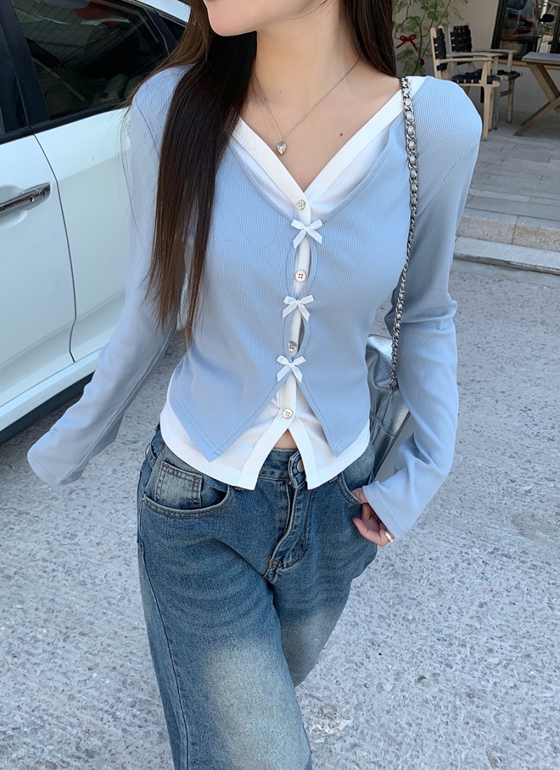 Pseudo-two spring T-shirt slim tops for women