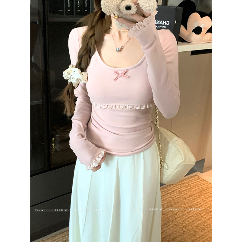 Long sleeve spring splice T-shirt lace spicegirl tops