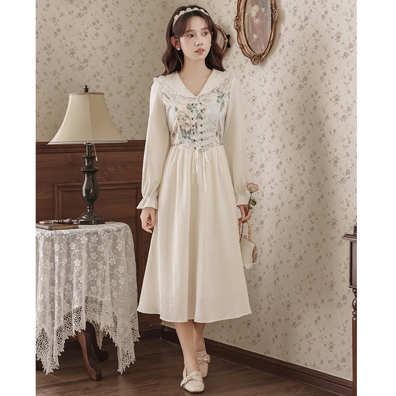 France style jacquard bandage lace V-neck court style dress