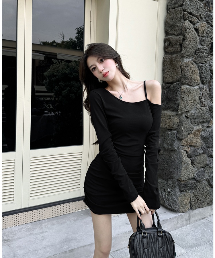 Black tight sloping shoulder flat shoulder spring dress