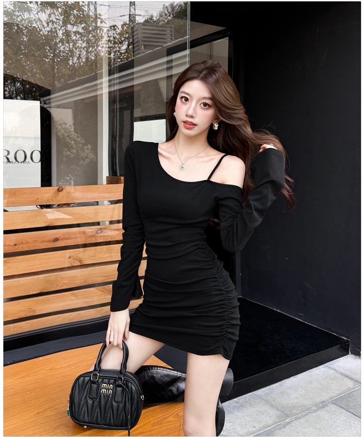 Black tight sloping shoulder flat shoulder spring dress