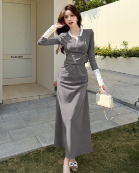 Slim mixed colors long skirt temperament tops 2pcs set