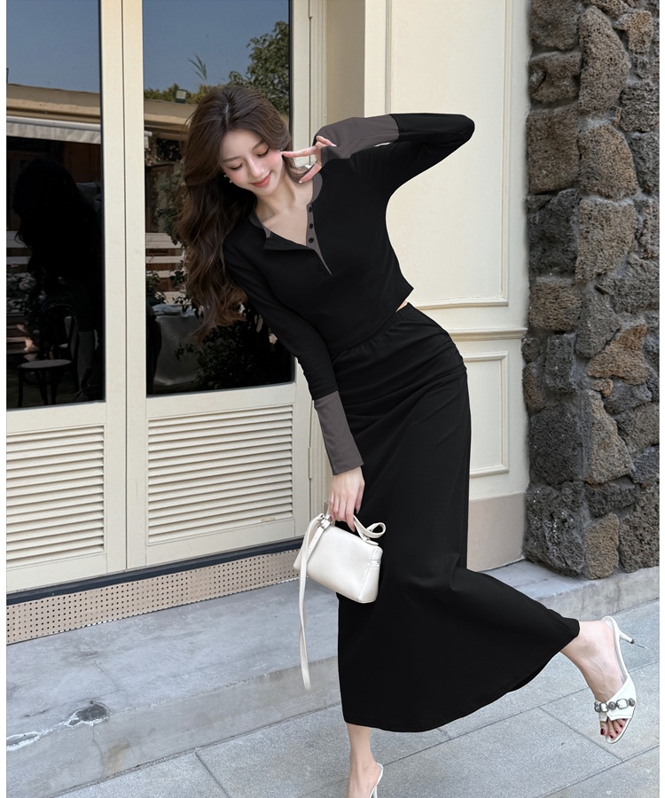 Slim mixed colors long skirt temperament tops 2pcs set