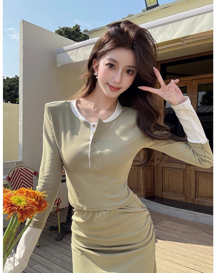 Slim mixed colors long skirt temperament tops 2pcs set