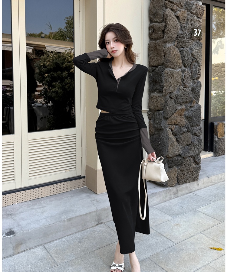 Slim mixed colors long skirt temperament tops 2pcs set