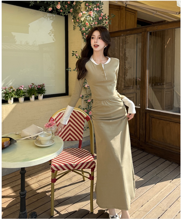 Slim mixed colors long skirt temperament tops 2pcs set