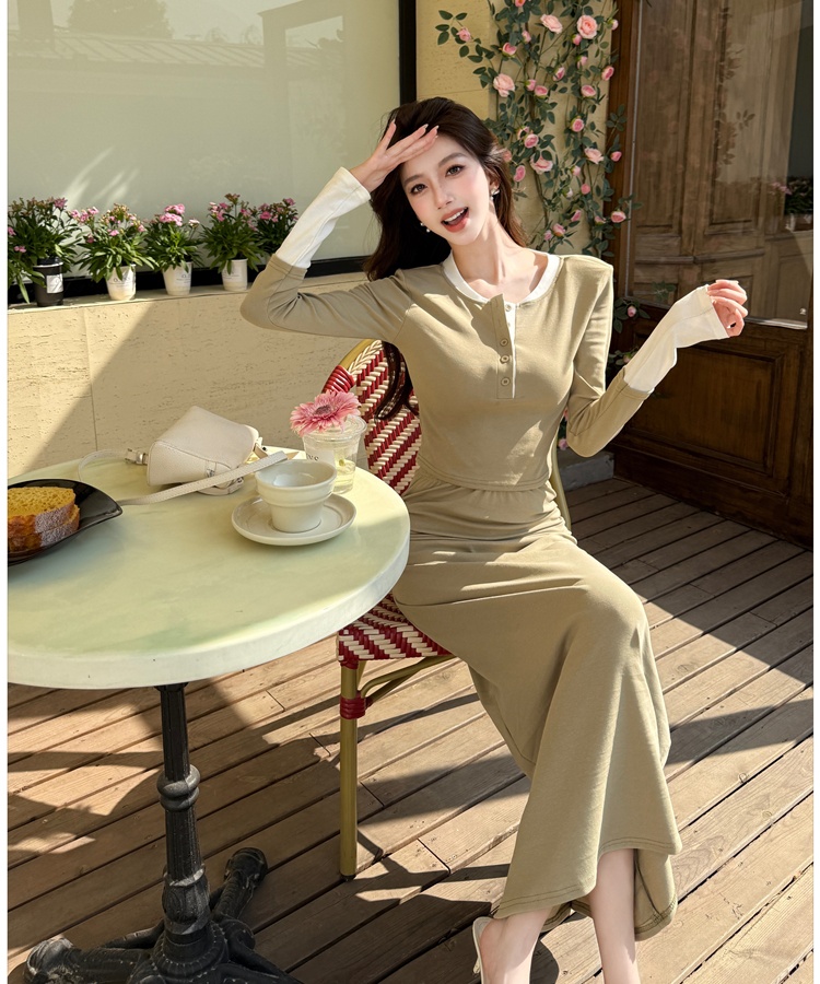 Slim mixed colors long skirt temperament tops 2pcs set