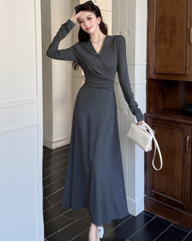 Black spring dress pinched waist France style long dress