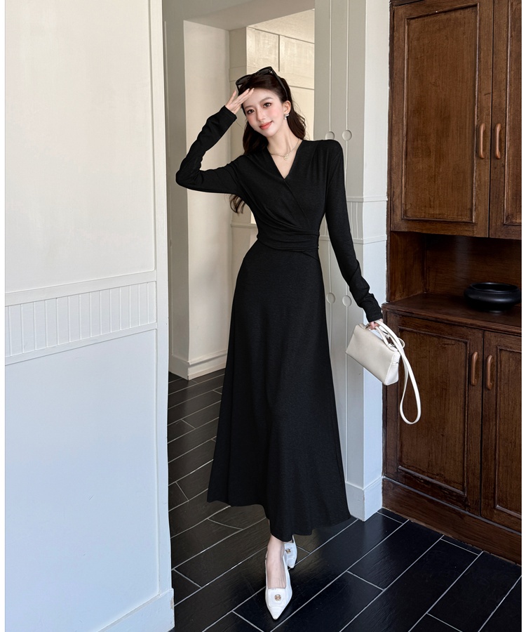 Black spring dress pinched waist France style long dress