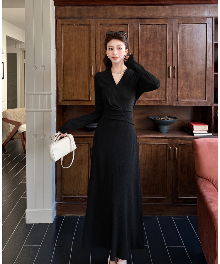 Black spring dress pinched waist France style long dress