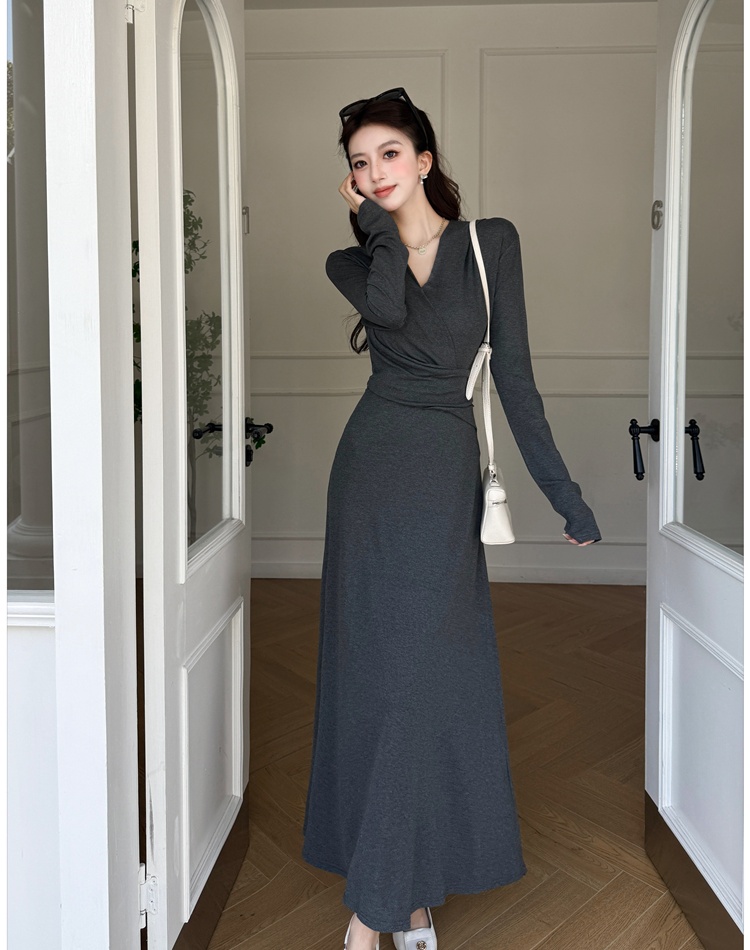 Black spring dress pinched waist France style long dress