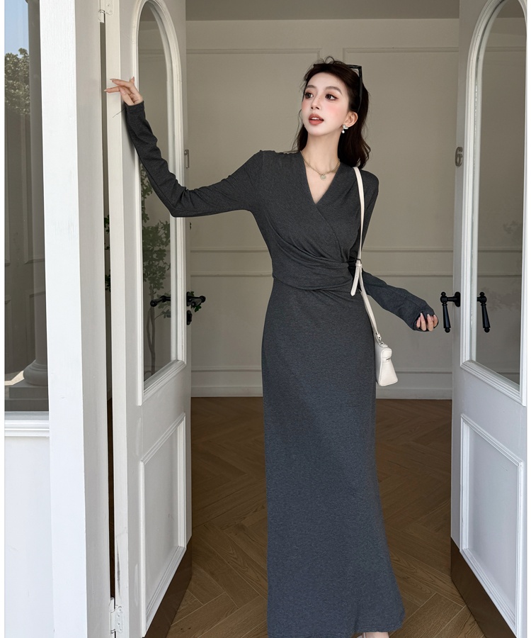 Black spring dress pinched waist France style long dress