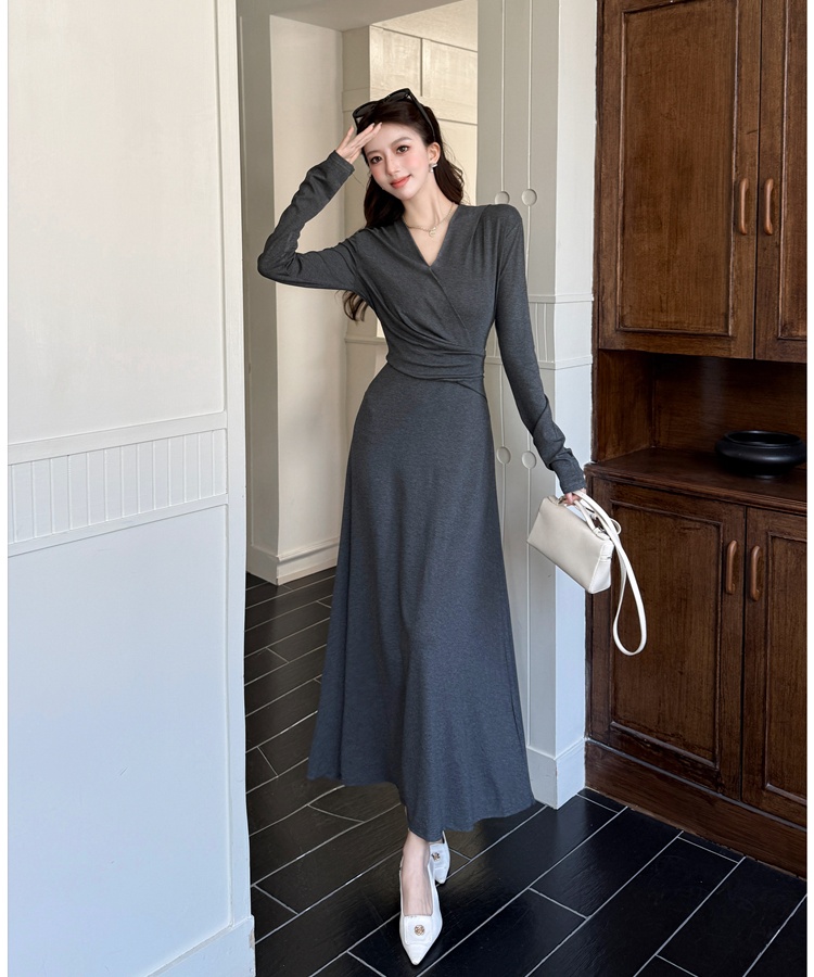 Black spring dress pinched waist France style long dress