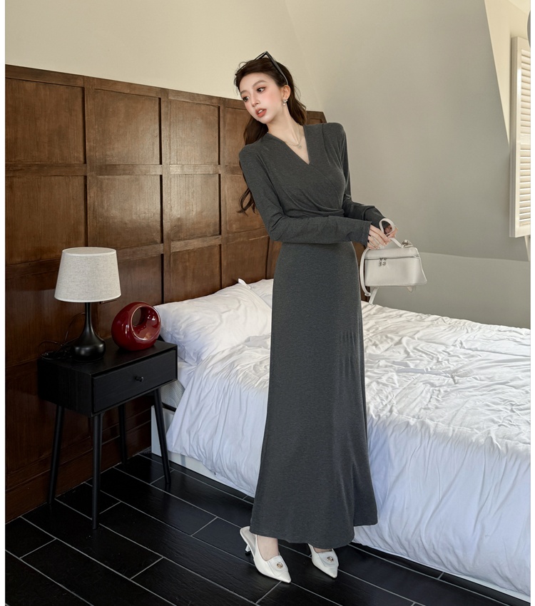 Black spring dress pinched waist France style long dress