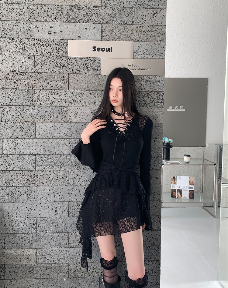 Irregular lotus leaf edges bandage knitted lace splice dress