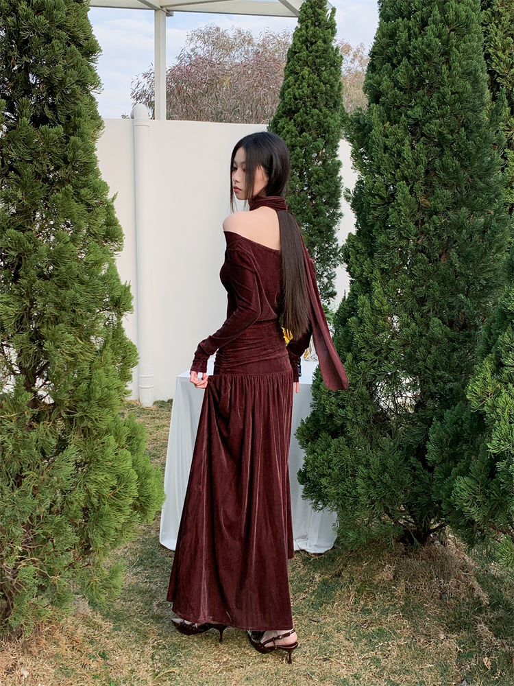 Chinese style package hip formal dress slim velvet dress