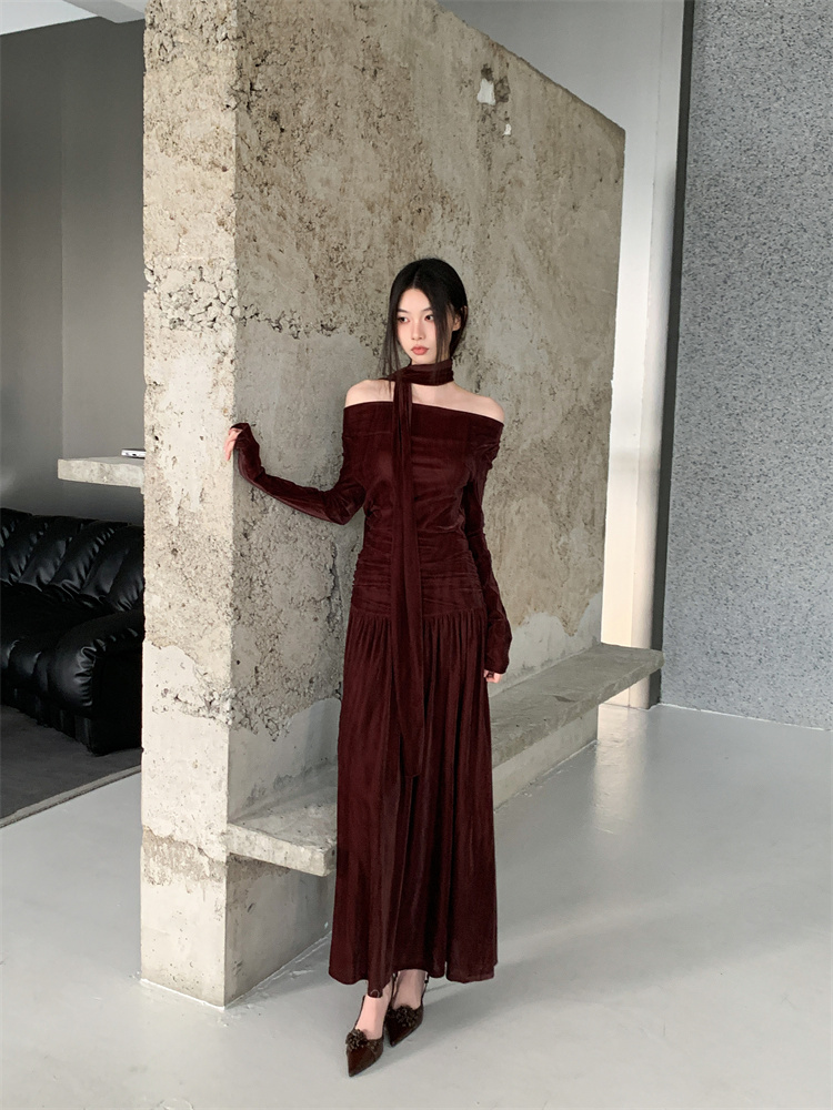 Chinese style package hip formal dress slim velvet dress