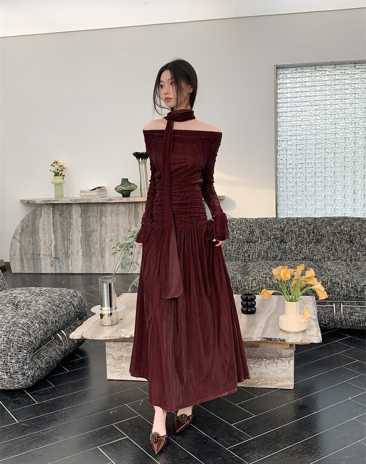 Chinese style package hip formal dress slim velvet dress