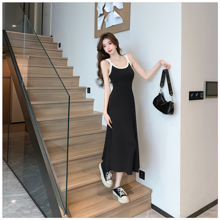 Sling knitted dress retro splice long dress for women