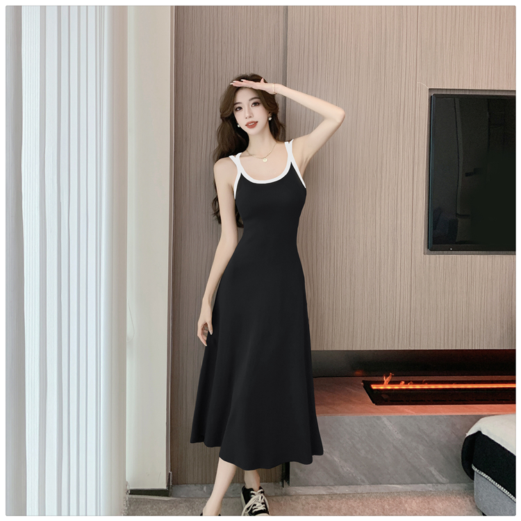 Sling knitted dress retro splice long dress for women