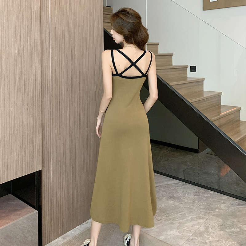 Sling knitted dress retro splice long dress for women