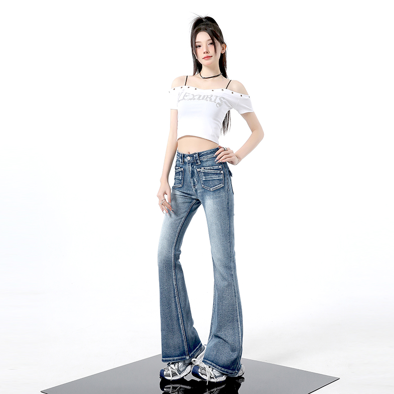 Slim micro speaker spring jeans mopping light-blue retro pants