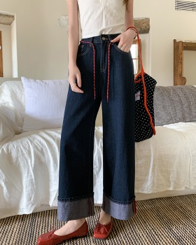 High waist flanging nine pants blue wide leg pants