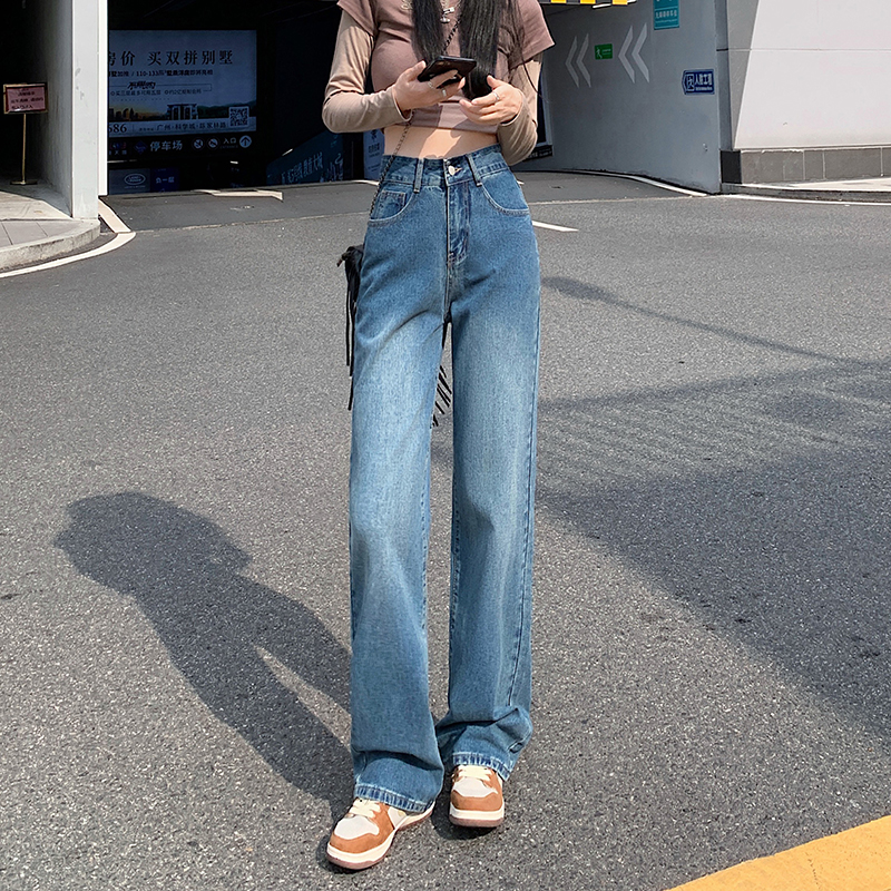 Retro high waist pants slim denim wide leg pants