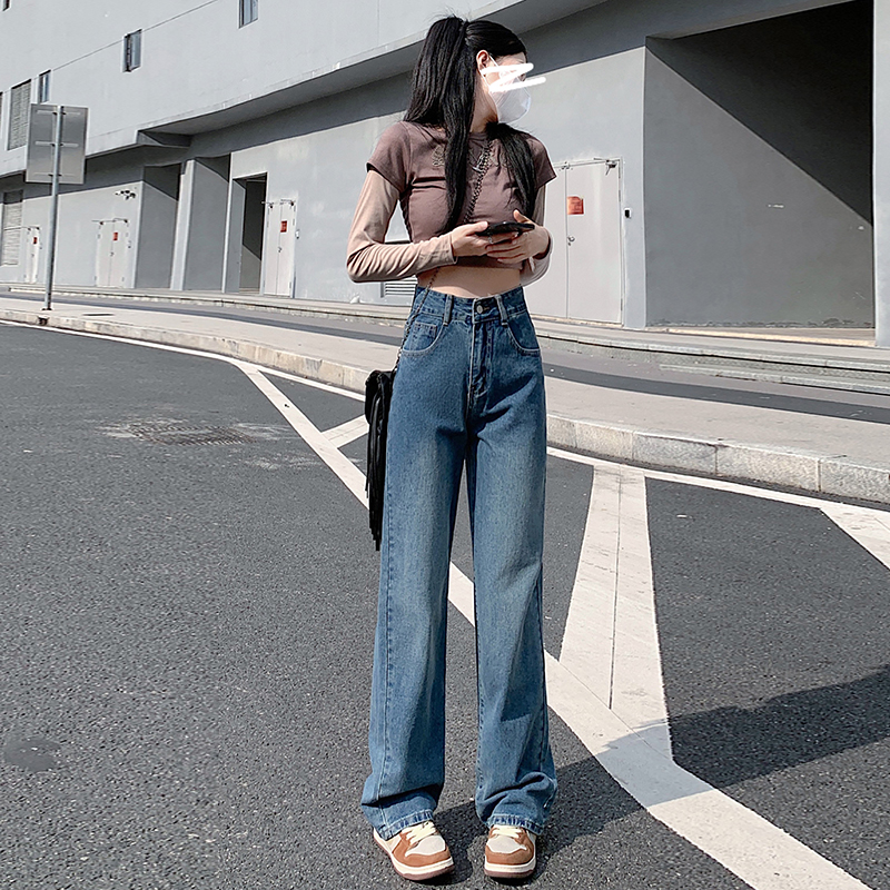 Retro high waist pants slim denim wide leg pants