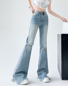 High waist blue jeans washed flare pants for women